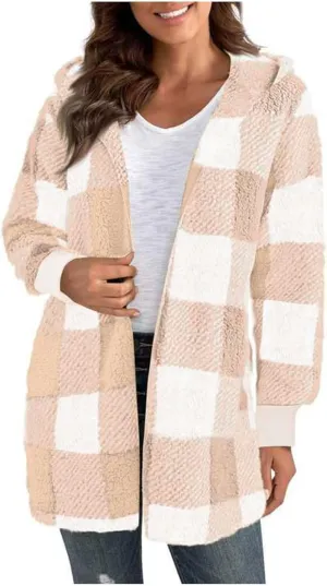 Womens Plaid Fleece Jackets 2025 Casual Sherpa Hooded Plaid Jackets Oversized Long Sleeve Loose Plaid Hoodie Jackets
