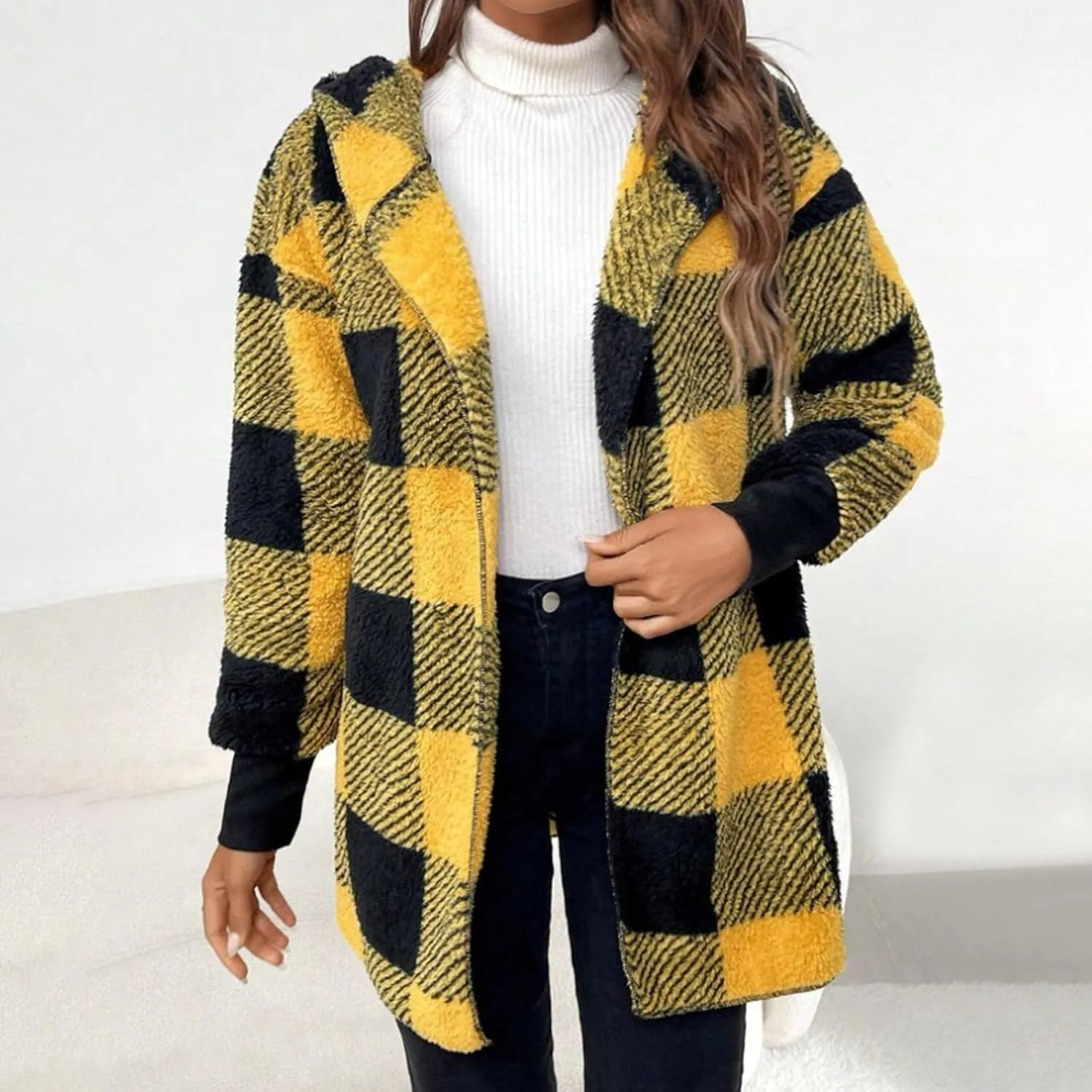 Womens Plaid Fleece Jackets 2025 Casual Sherpa Hooded Plaid Jackets Oversized Long Sleeve Loose Plaid Hoodie Jackets