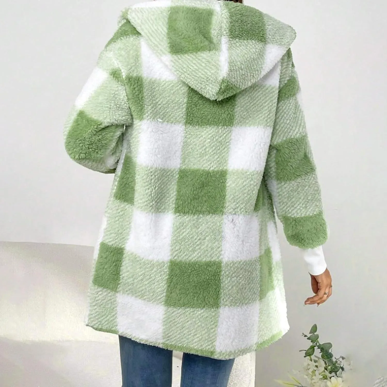Womens Plaid Fleece Jackets 2025 Casual Sherpa Hooded Plaid Jackets Oversized Long Sleeve Loose Plaid Hoodie Jackets