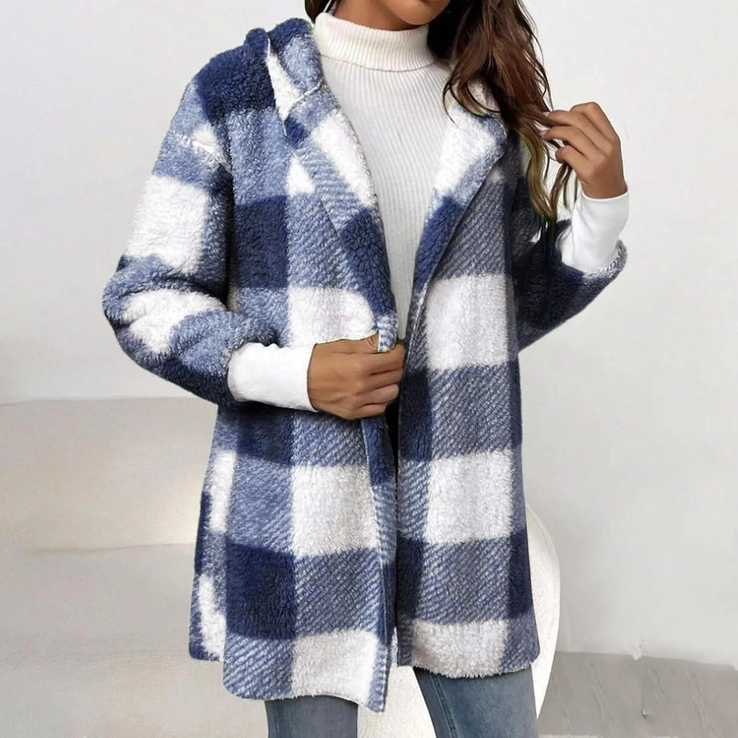 Womens Plaid Fleece Jackets 2025 Casual Sherpa Hooded Plaid Jackets Oversized Long Sleeve Loose Plaid Hoodie Jackets
