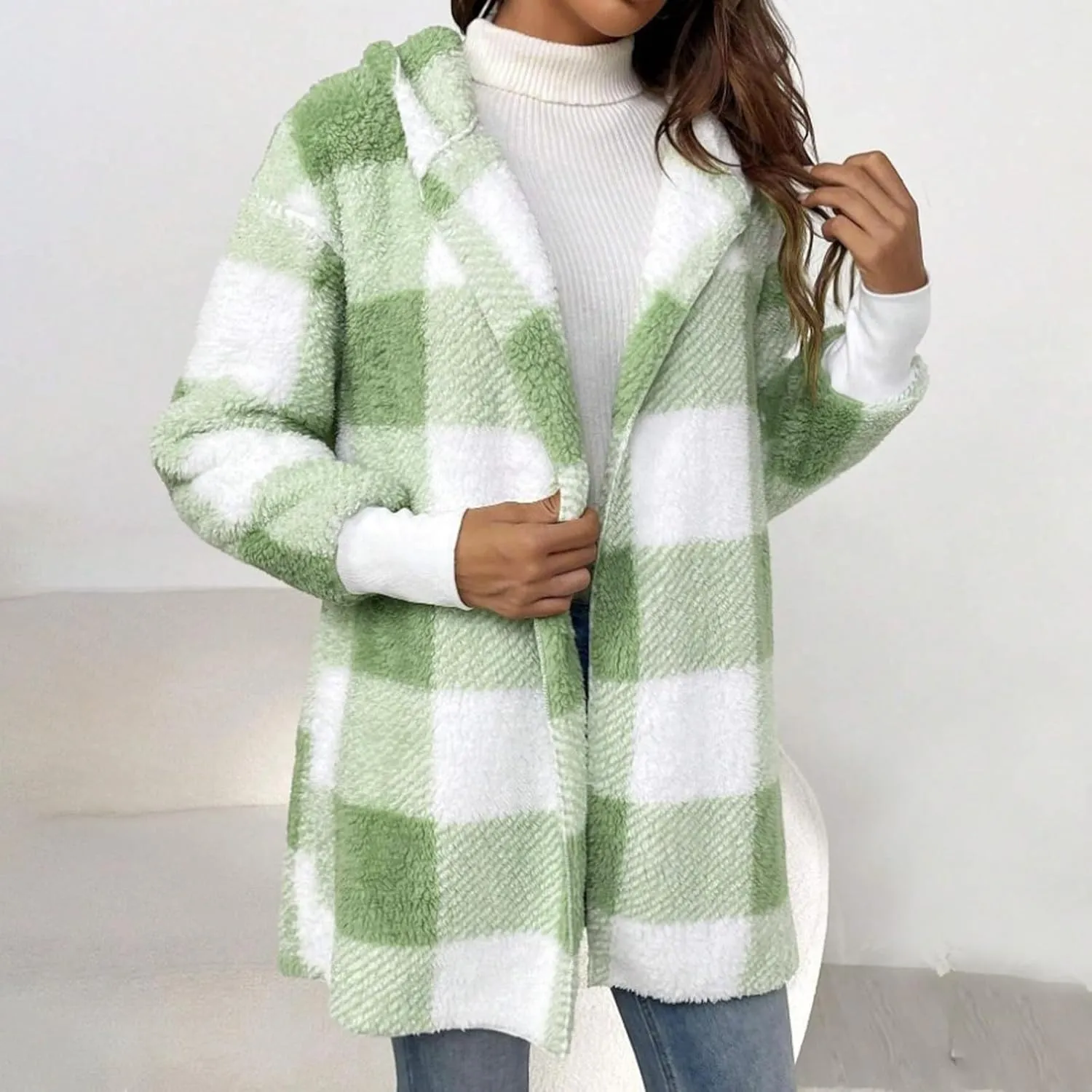 Womens Plaid Fleece Jackets 2025 Casual Sherpa Hooded Plaid Jackets Oversized Long Sleeve Loose Plaid Hoodie Jackets