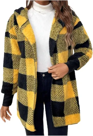 Womens Plaid Fleece Jackets 2025 Casual Sherpa Hooded Plaid Jackets Oversized Long Sleeve Loose Plaid Hoodie Jackets