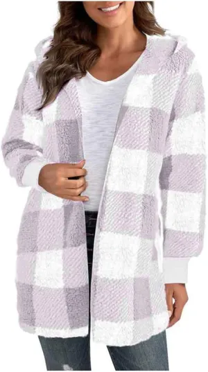 Womens Plaid Fleece Jackets 2025 Casual Sherpa Hooded Plaid Jackets Oversized Long Sleeve Loose Plaid Hoodie Jackets