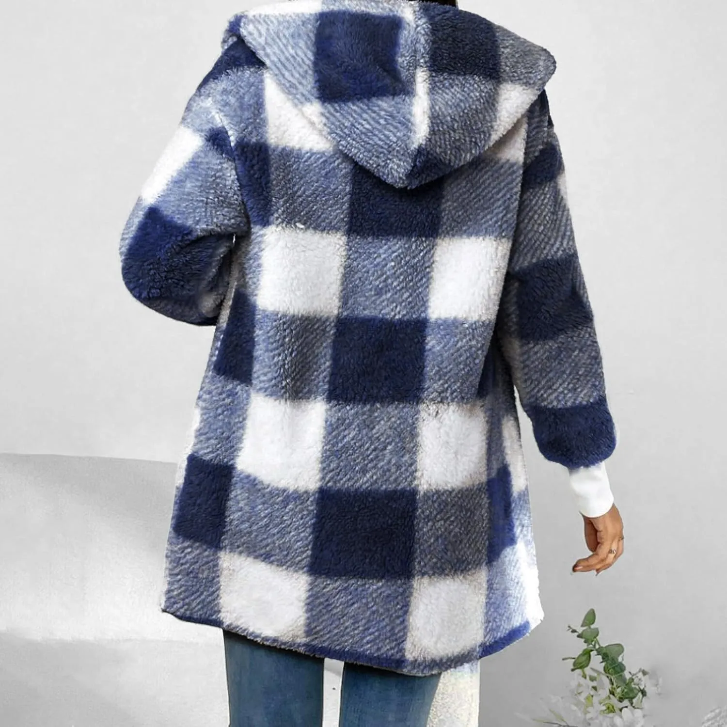 Womens Plaid Fleece Jackets 2025 Casual Sherpa Hooded Plaid Jackets Oversized Long Sleeve Loose Plaid Hoodie Jackets