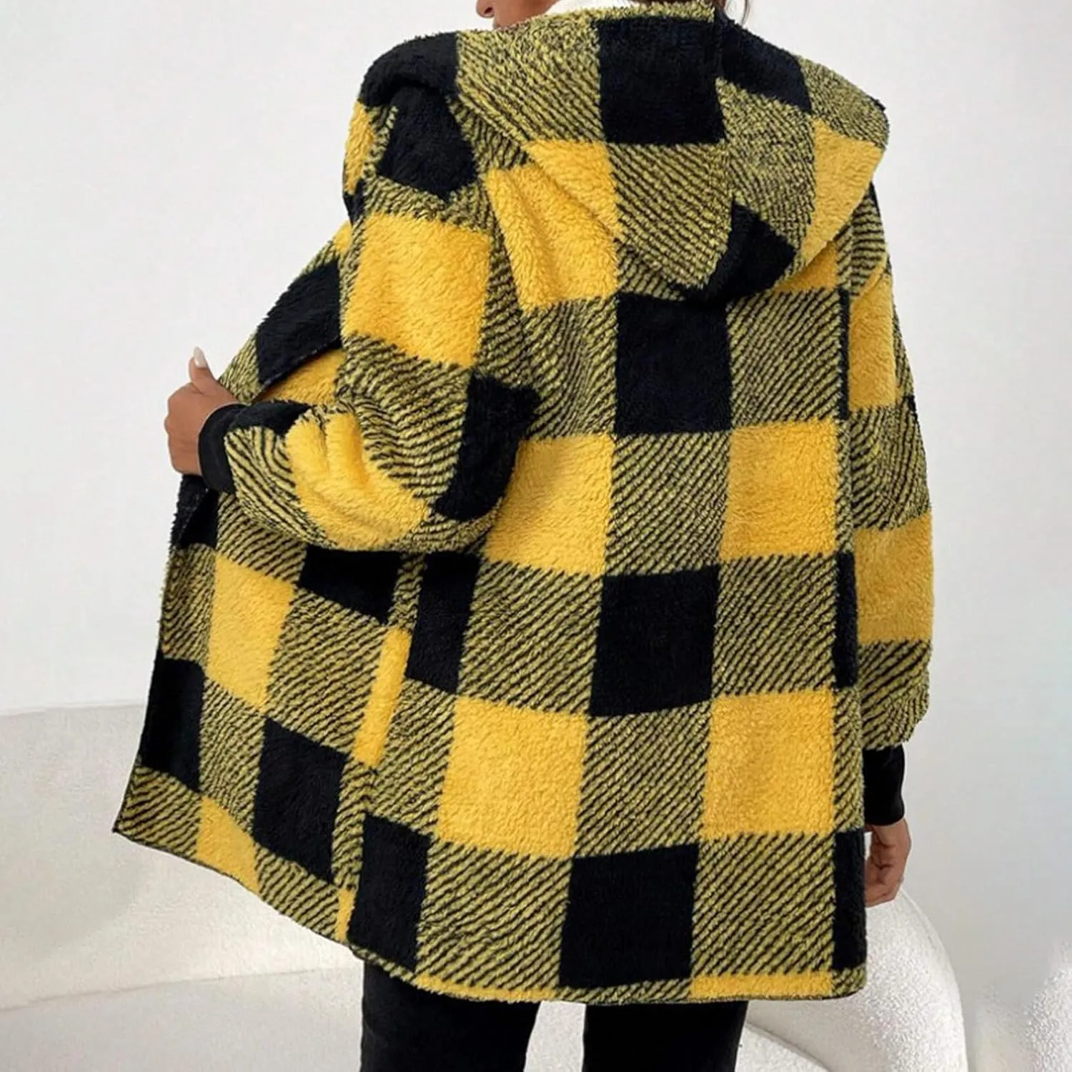 Womens Plaid Fleece Jackets 2025 Casual Sherpa Hooded Plaid Jackets Oversized Long Sleeve Loose Plaid Hoodie Jackets