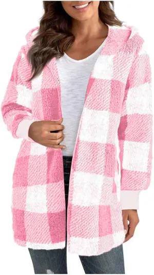 Womens Plaid Fleece Jackets 2025 Casual Sherpa Hooded Plaid Jackets Oversized Long Sleeve Loose Plaid Hoodie Jackets
