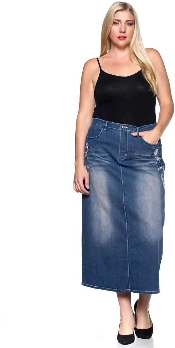 Women's Plus Size Mid Rise A-Line Long Jeans Maxi Denim Embroidered Skirt