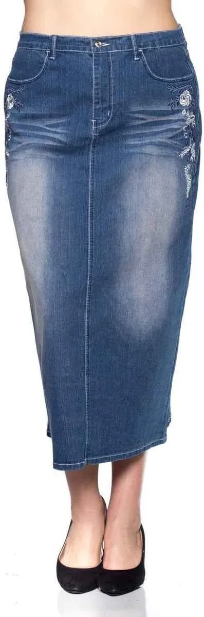 Women's Plus Size Mid Rise A-Line Long Jeans Maxi Denim Embroidered Skirt
