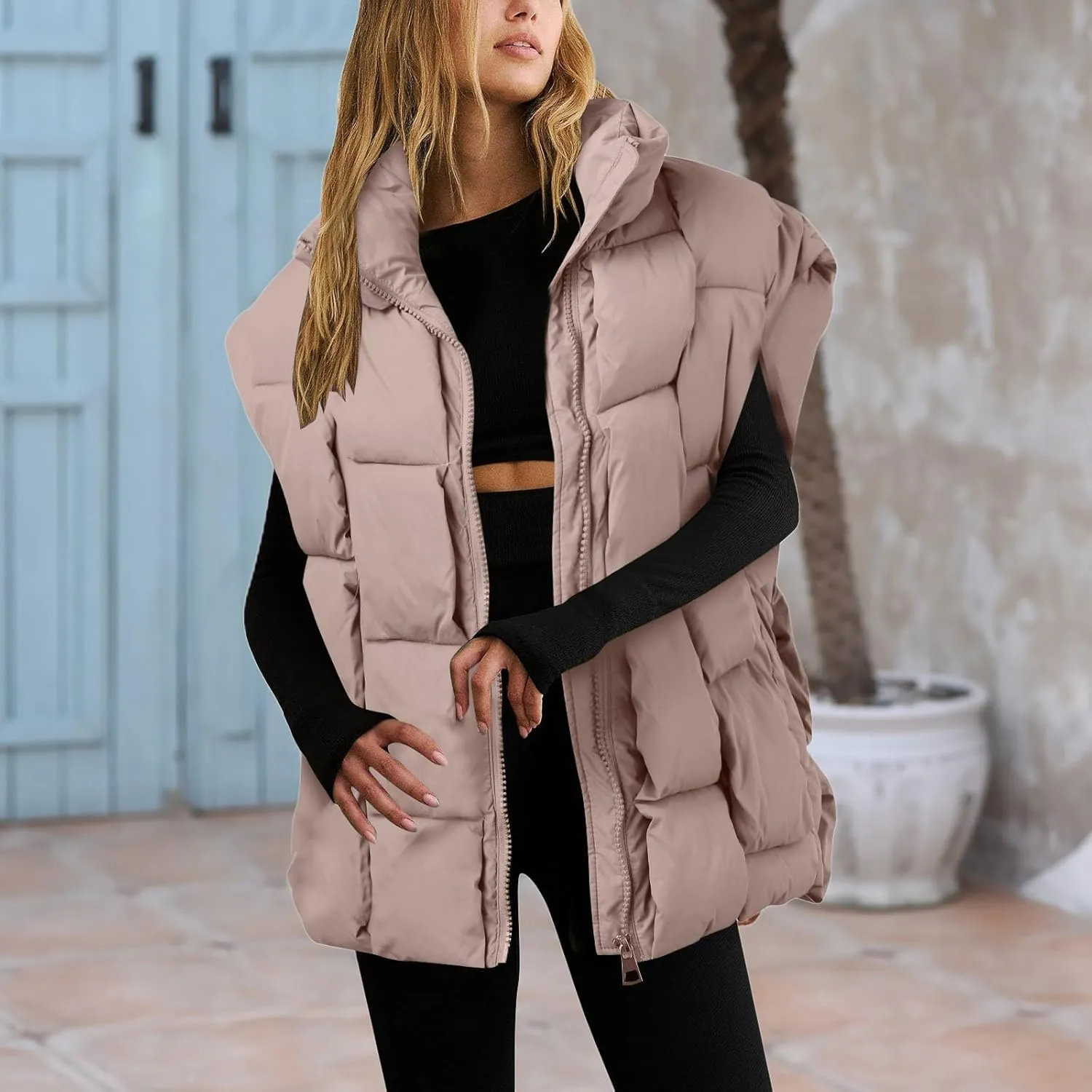 Womens Puffer Vest Oversized Down Jacket Stand Collar Lightweight Warm Winter Coat Sleeveless Zip Up Bubble Outwear
