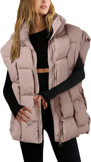 Womens Puffer Vest Oversized Down Jacket Stand Collar Lightweight Warm Winter Coat Sleeveless Zip Up Bubble Outwear