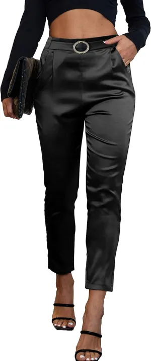 Women's Satin Pants Dress Casual Party Wedding Night Pull on High Waist Pants