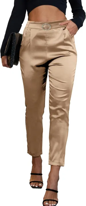 Women's Satin Pants Dress Casual Party Wedding Night Pull on High Waist Pants