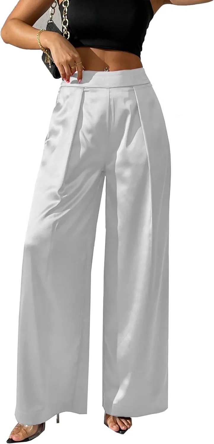 Women's Satin Wide Leg Palazzo Pants Plicated Silky Pull on Party Dress Casual Pant Trouser