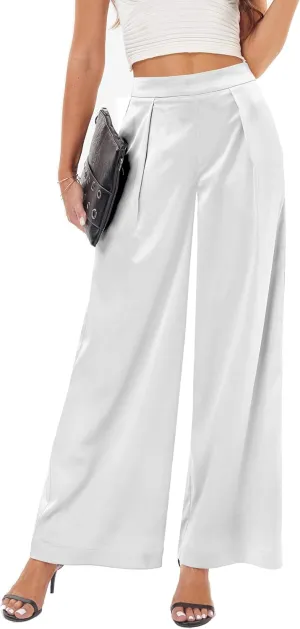 Women's Satin Wide Leg Palazzo Pants Plicated Silky Pull on Party Dress Casual Pant Trouser