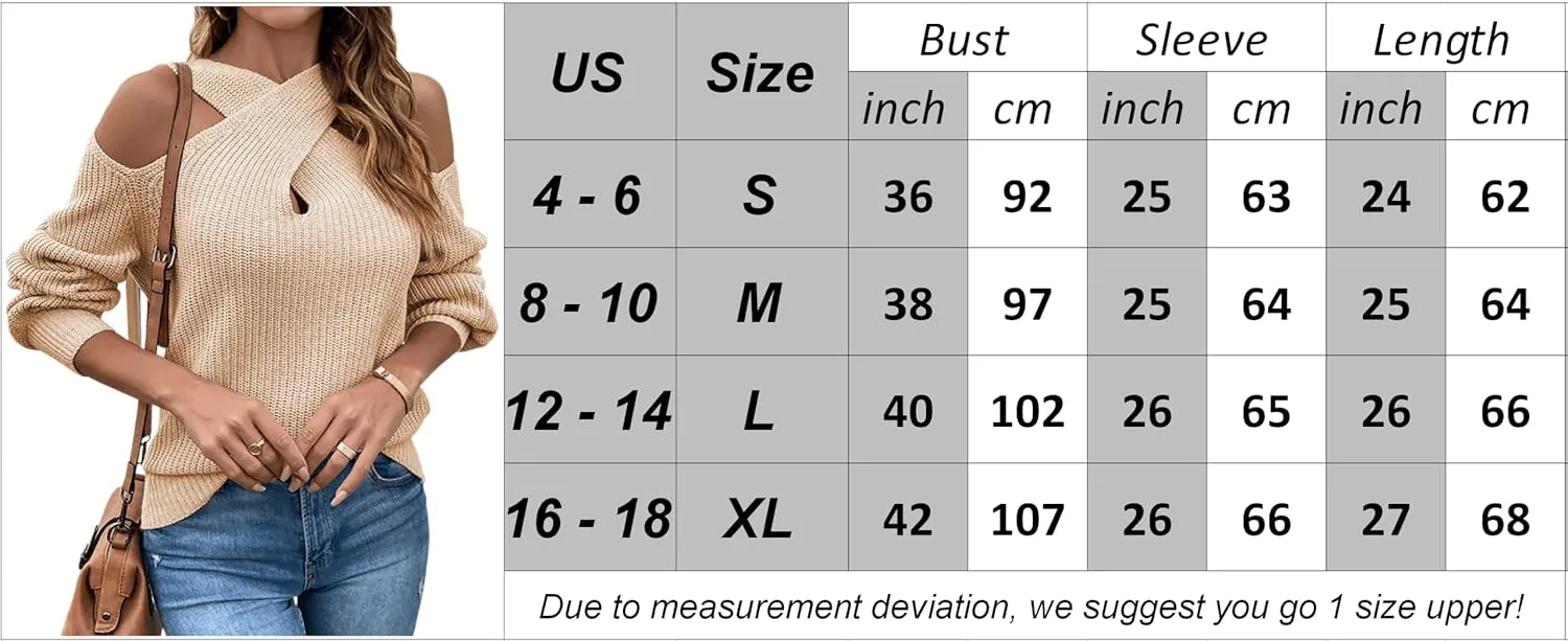 Womens Sexy Criss Cross V Neck Cold Shoulder Pullover Sweater Cutout Lantern Sleeve Halter Sweatshirt Jumper