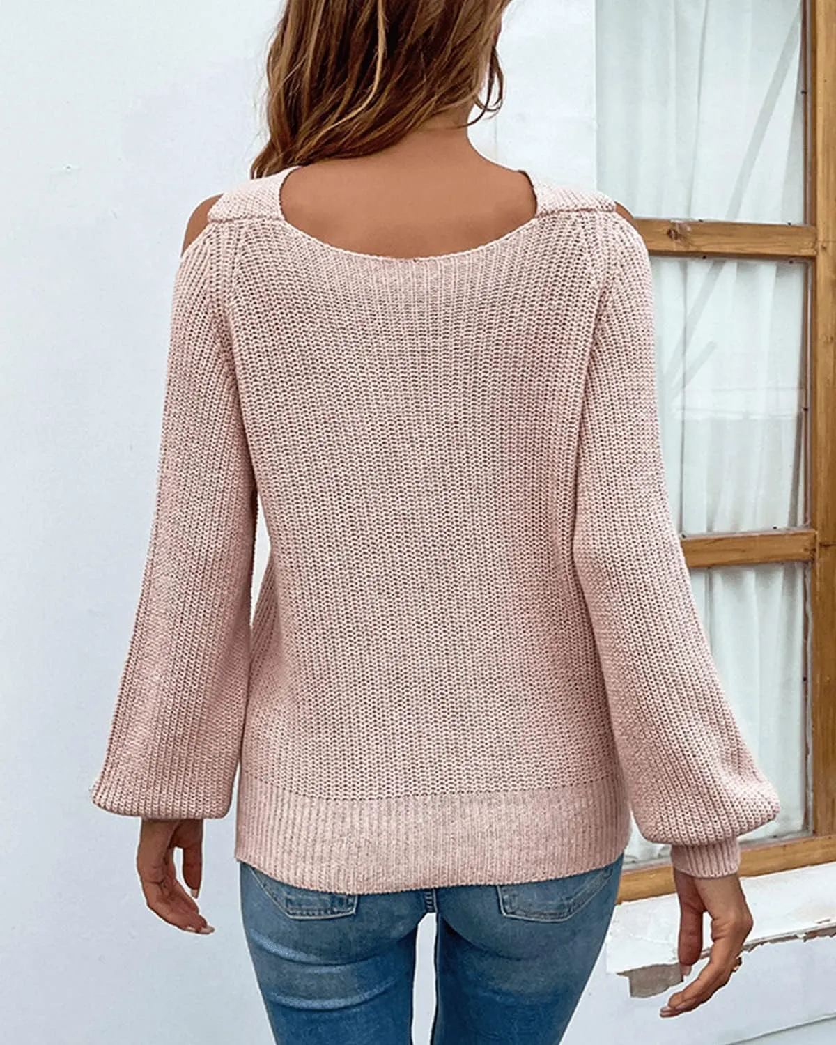 Womens Sexy Criss Cross V Neck Cold Shoulder Pullover Sweater Cutout Lantern Sleeve Halter Sweatshirt Jumper
