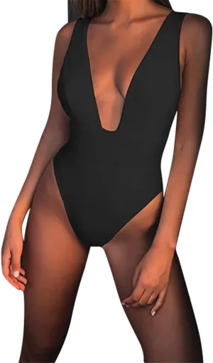 Women's Sexy Low Cut Swimsuit One Piece Tummy Control Bathing Suit High Cut Backless Swimwear Sleeveless Beachwear