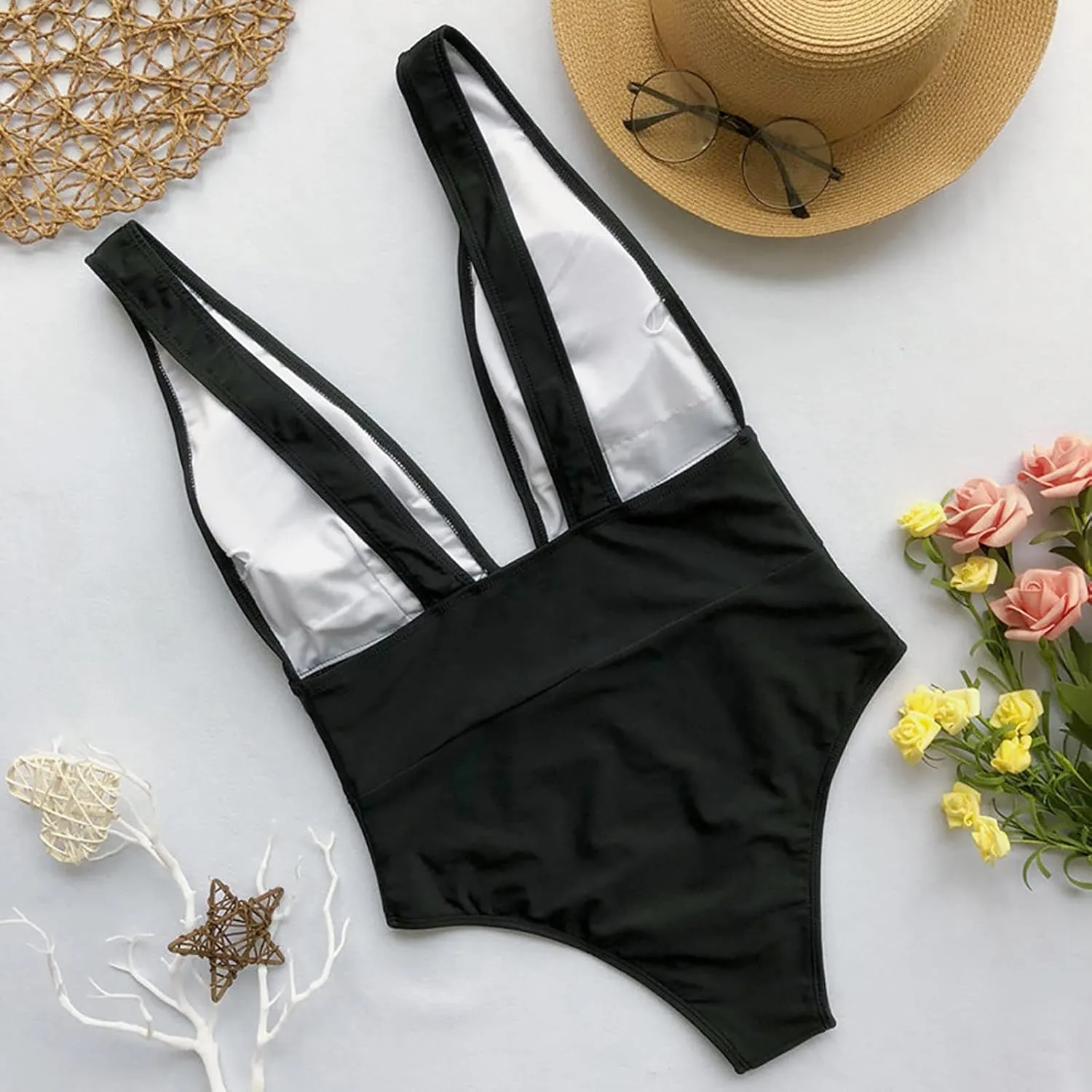Women's Sexy Low Cut Swimsuit One Piece Tummy Control Bathing Suit High Cut Backless Swimwear Sleeveless Beachwear