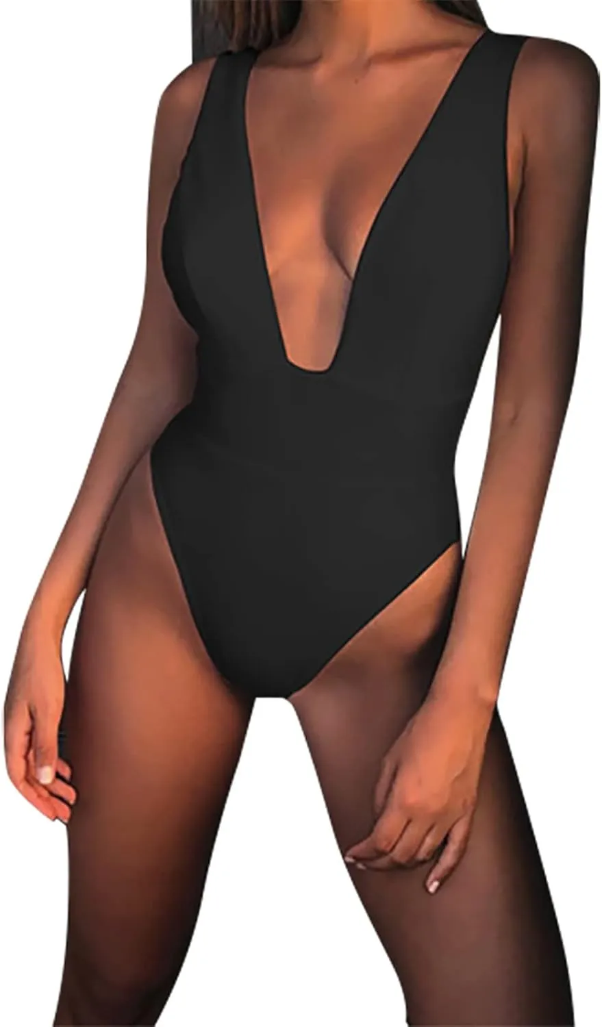 Women's Sexy Low Cut Swimsuit One Piece Tummy Control Bathing Suit High Cut Backless Swimwear Sleeveless Beachwear