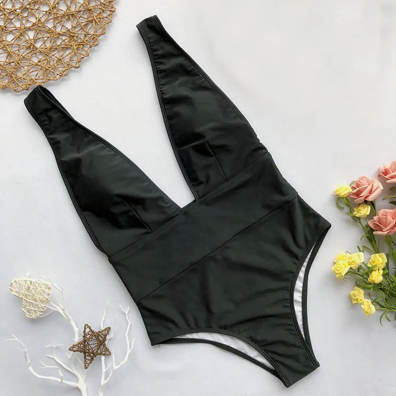 Women's Sexy Low Cut Swimsuit One Piece Tummy Control Bathing Suit High Cut Backless Swimwear Sleeveless Beachwear