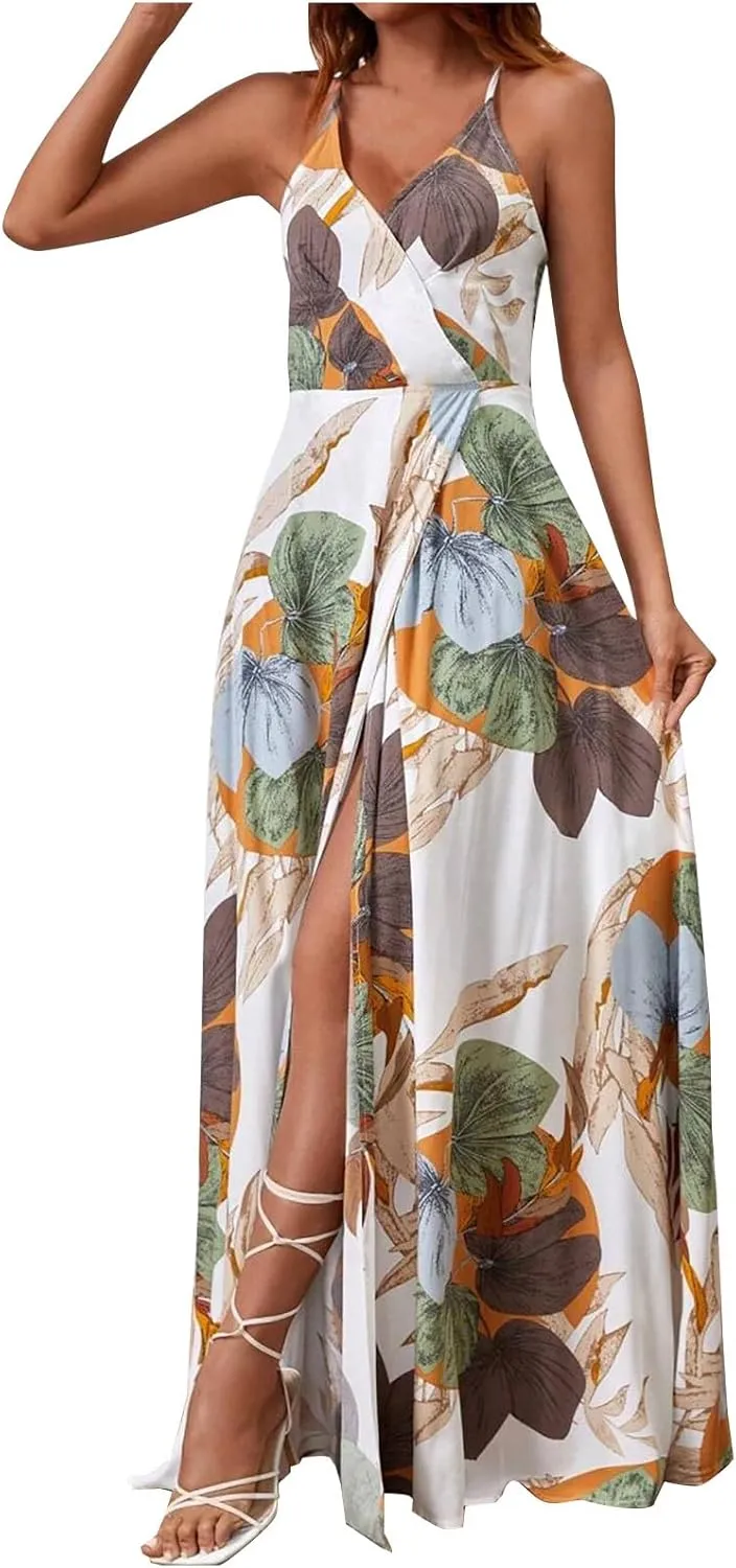 Womens Sexy Spaghetti Straps Maxi Dresses Beach Boho Dress Flowy Vocation Outfits 2025