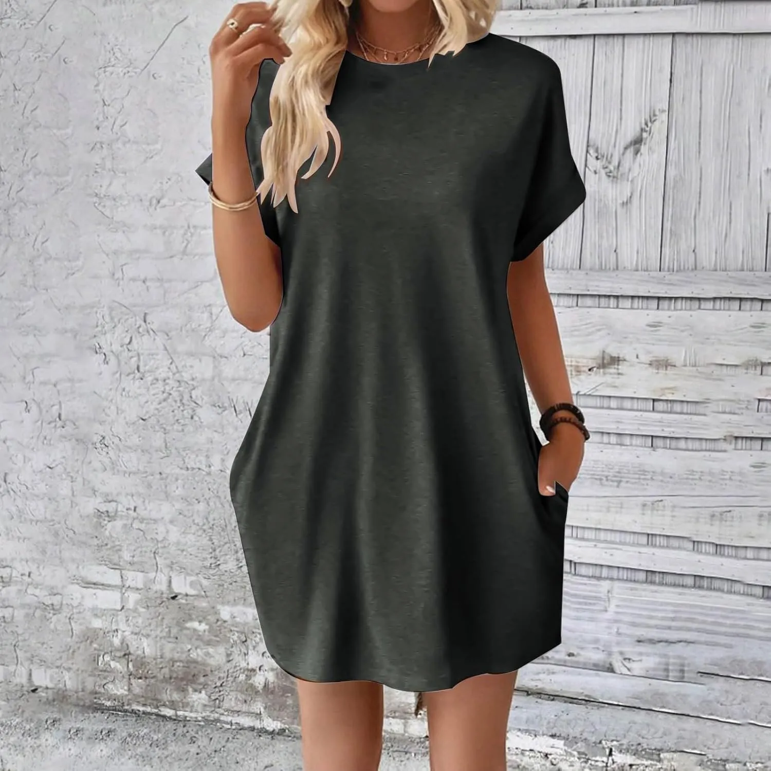 Womens Shirt Dress Summer Short Sleeve Tshirt Dress Beach Mini Sundress Crew Neck Loose Solid Color Nightgown