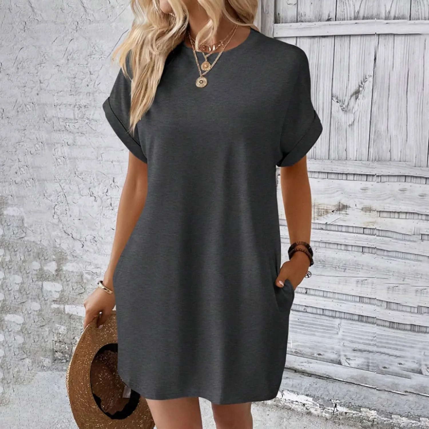 Womens Shirt Dress Summer Short Sleeve Tshirt Dress Beach Mini Sundress Crew Neck Loose Solid Color Nightgown