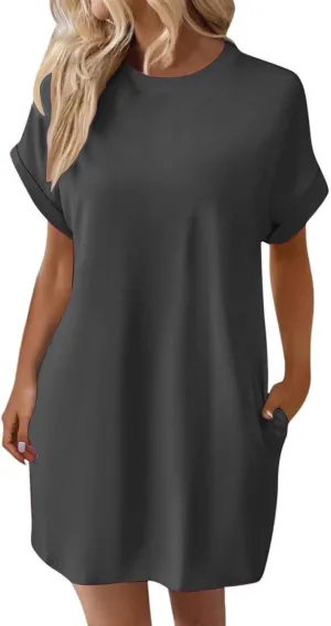 Womens Shirt Dress Summer Short Sleeve Tshirt Dress Beach Mini Sundress Crew Neck Loose Solid Color Nightgown