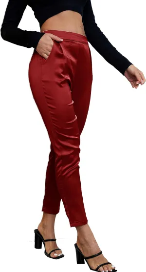 Women's Silky Satin Wedding Dressy Casual Elastic Waist Pants Party Club Wear Trousers