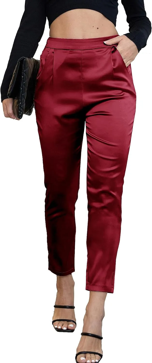Women's Silky Satin Wedding Dressy Casual Elastic Waist Pants Party Club Wear Trousers