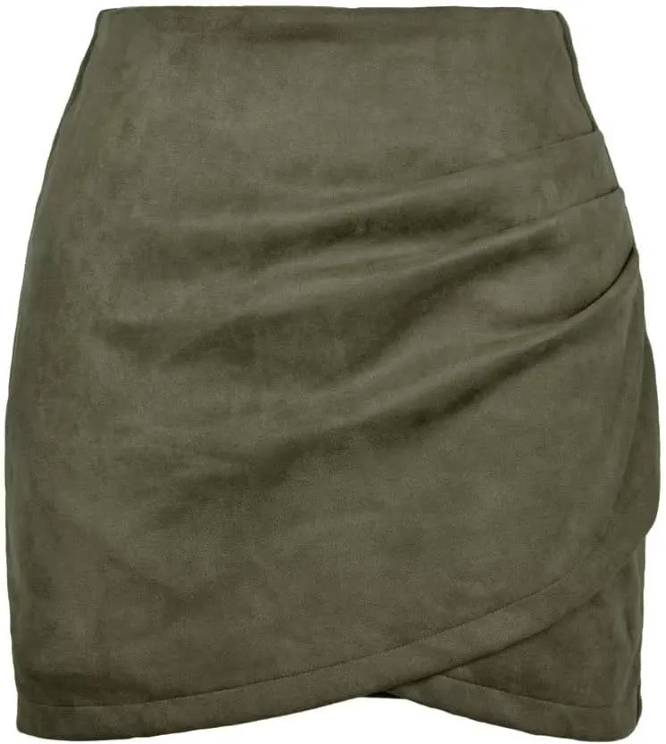 Women's Skirts High Waisted Ruched Wrap Faux Suede Mini Skirts Zipper Back A-Line Bodycon Mini Skirts Elegant Skirts