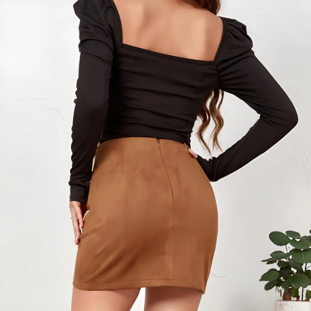 Women's Skirts High Waisted Ruched Wrap Faux Suede Mini Skirts Zipper Back A-Line Bodycon Mini Skirts Elegant Skirts