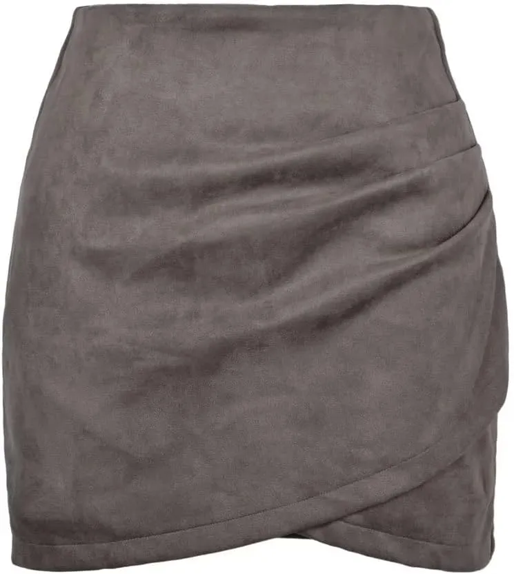 Women's Skirts High Waisted Ruched Wrap Faux Suede Mini Skirts Zipper Back A-Line Bodycon Mini Skirts Elegant Skirts