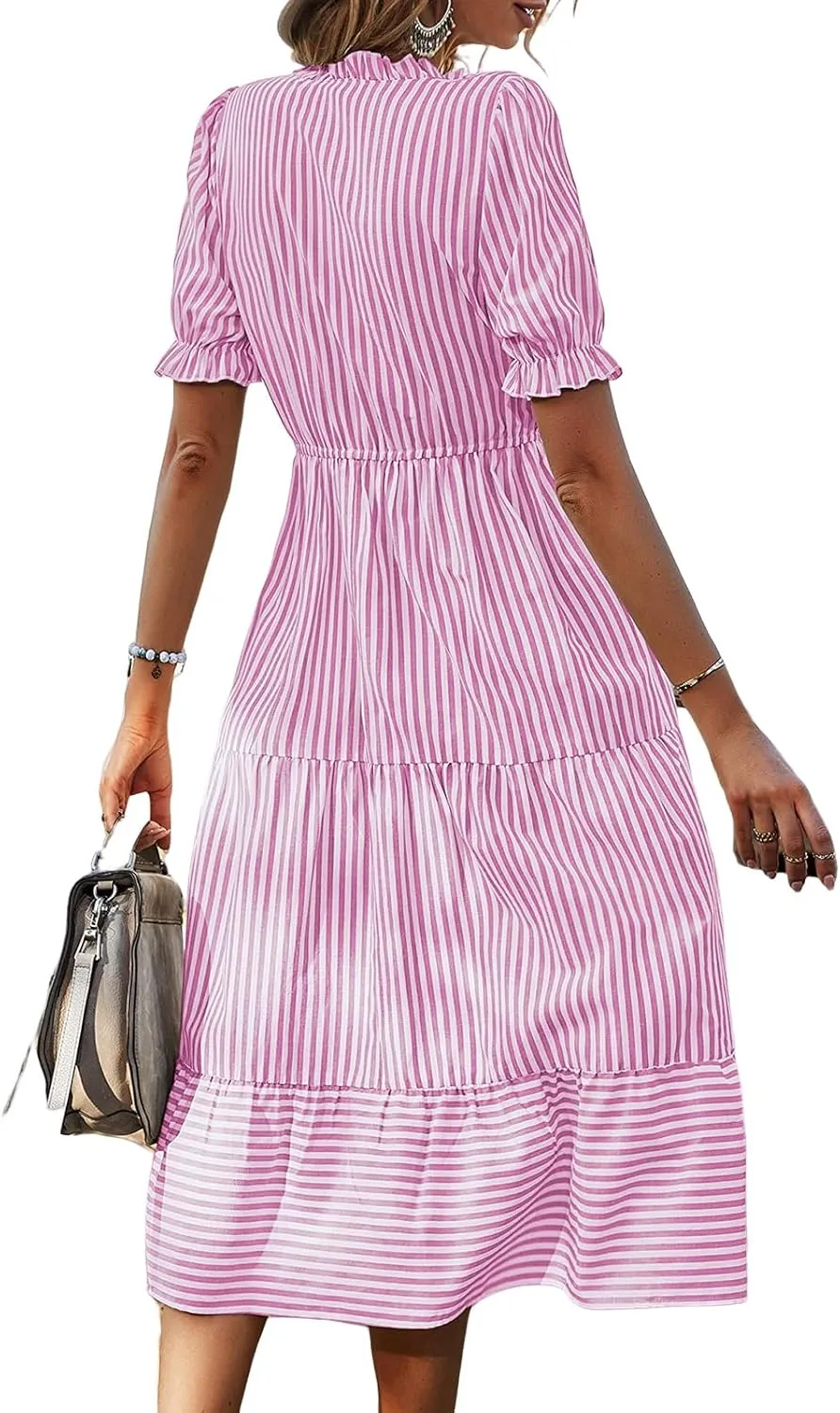 Womens Striped Dress Casual V Neck Button Down Short Sleeve Midi Dress Summer Comfy Tunic Tiered Ruffle Hem Sundress