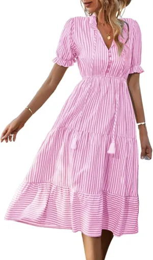 Womens Striped Dress Casual V Neck Button Down Short Sleeve Midi Dress Summer Comfy Tunic Tiered Ruffle Hem Sundress