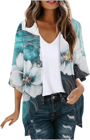 Womens Summer 3/4 Sleeve Chiffon Kimono Cardigan Work Swimsuit Open Cover Ups Front Flowy Loose Beach Coverups
