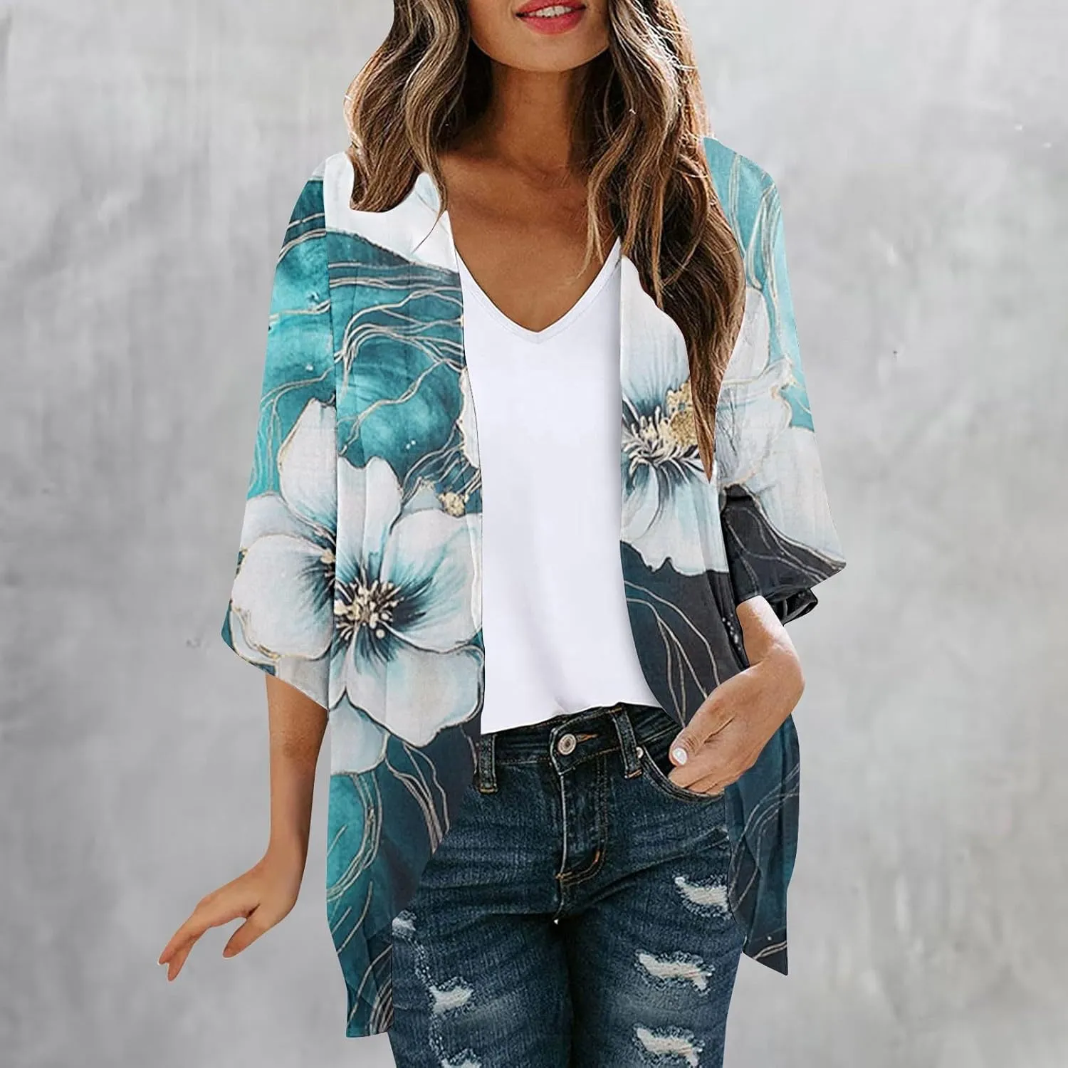 Womens Summer 3/4 Sleeve Chiffon Kimono Cardigan Work Swimsuit Open Cover Ups Front Flowy Loose Beach Coverups