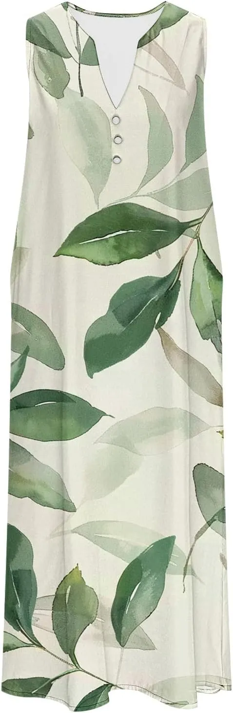 Women's Summer Maxi Dress Vintage Floral Print Graphic Long Dresses V Neck Sleeveless Flowy Swing Casual Beach Dress