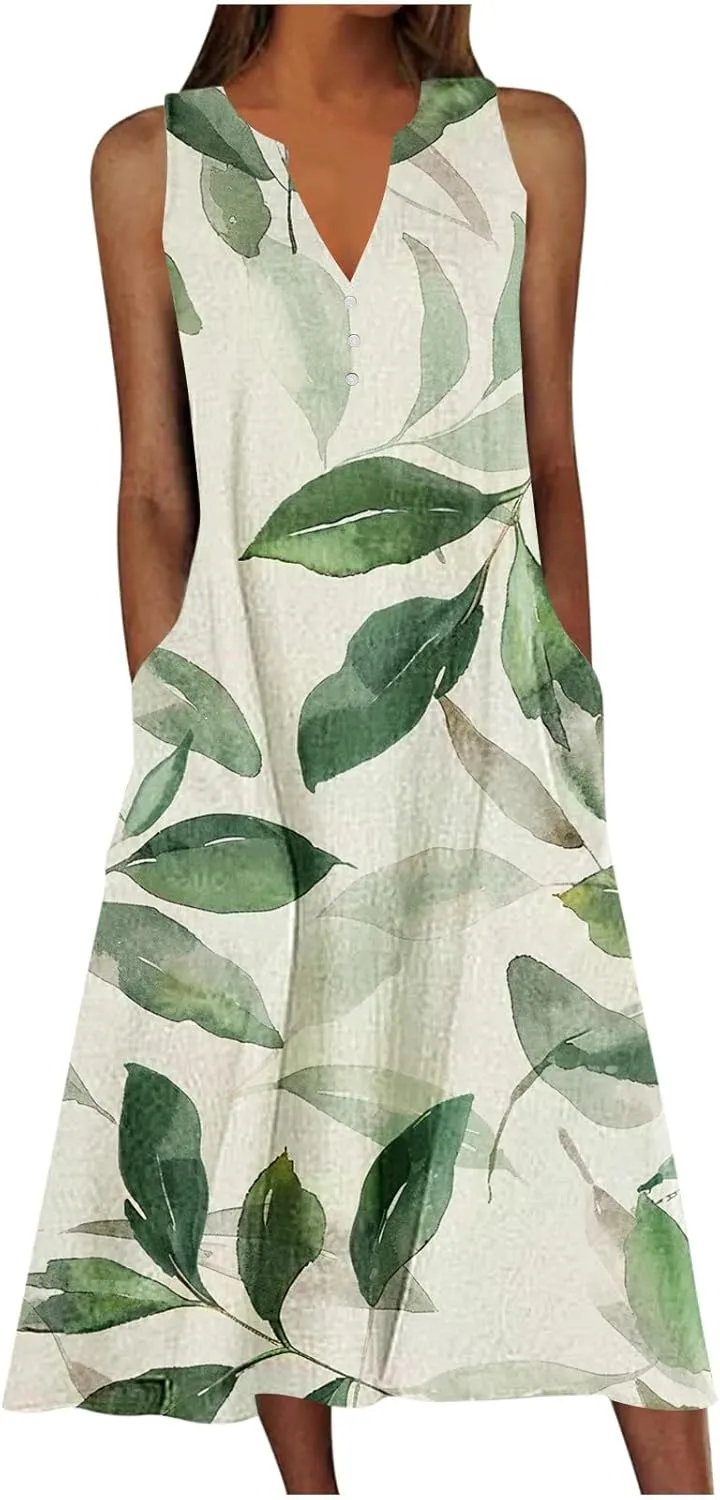 Women's Summer Maxi Dress Vintage Floral Print Graphic Long Dresses V Neck Sleeveless Flowy Swing Casual Beach Dress