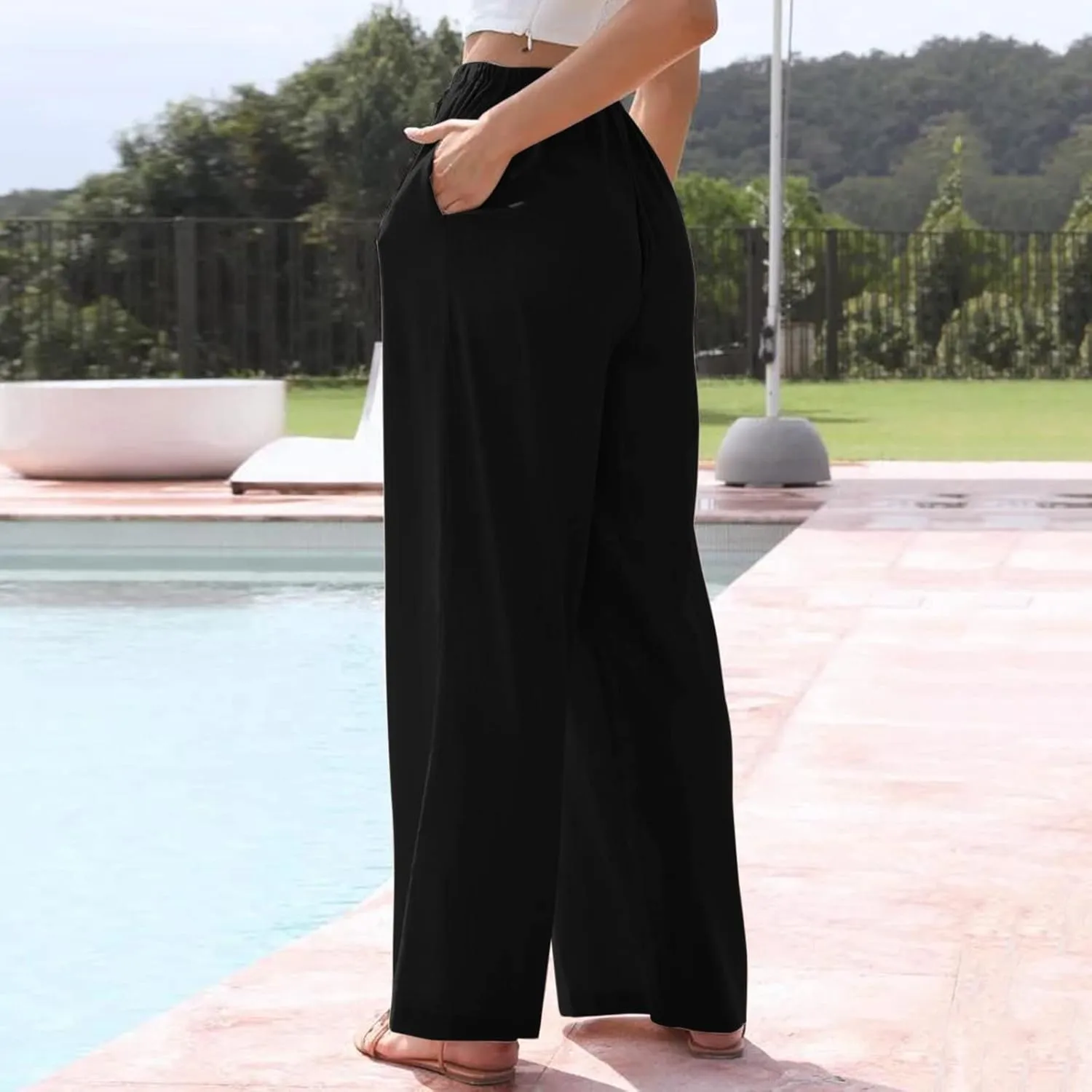 Women's Summer Palazzo Pants Casual Wide Leg Linen Pants Flowy Beach Pants Elastic Waist Comfy Lightweight Trousers