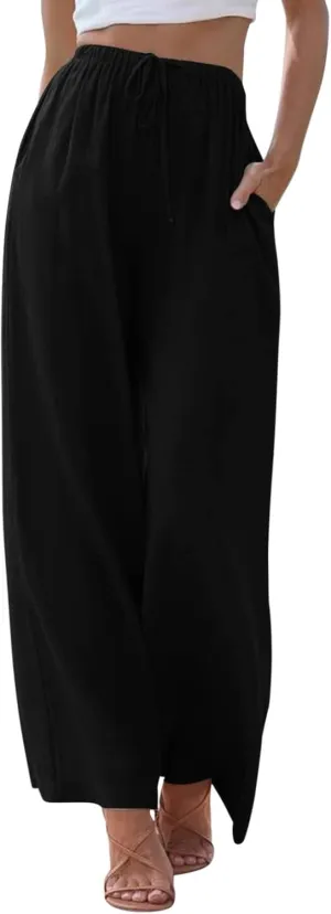 Women's Summer Palazzo Pants Casual Wide Leg Linen Pants Flowy Beach Pants Elastic Waist Comfy Lightweight Trousers