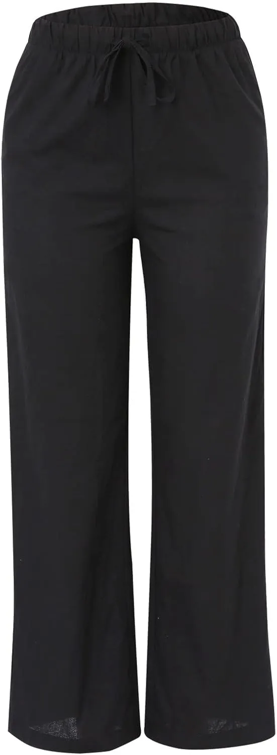 Women's Summer Palazzo Pants Casual Wide Leg Linen Pants Flowy Beach Pants Elastic Waist Comfy Lightweight Trousers