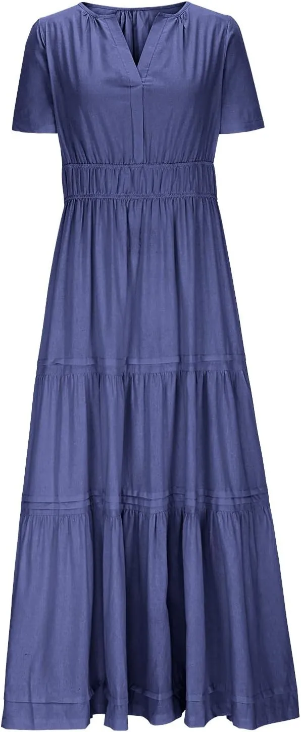 Womens Summer Vacation Dresses Casual Short Sleeve V Neck Smocked Waist Flowy Pleated Tiered A Line Swing Midi Dress