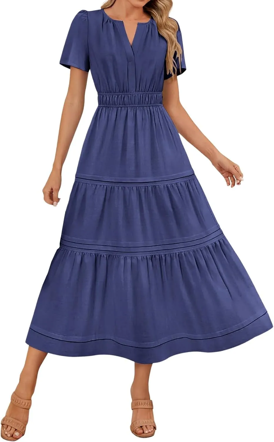 Womens Summer Vacation Dresses Casual Short Sleeve V Neck Smocked Waist Flowy Pleated Tiered A Line Swing Midi Dress