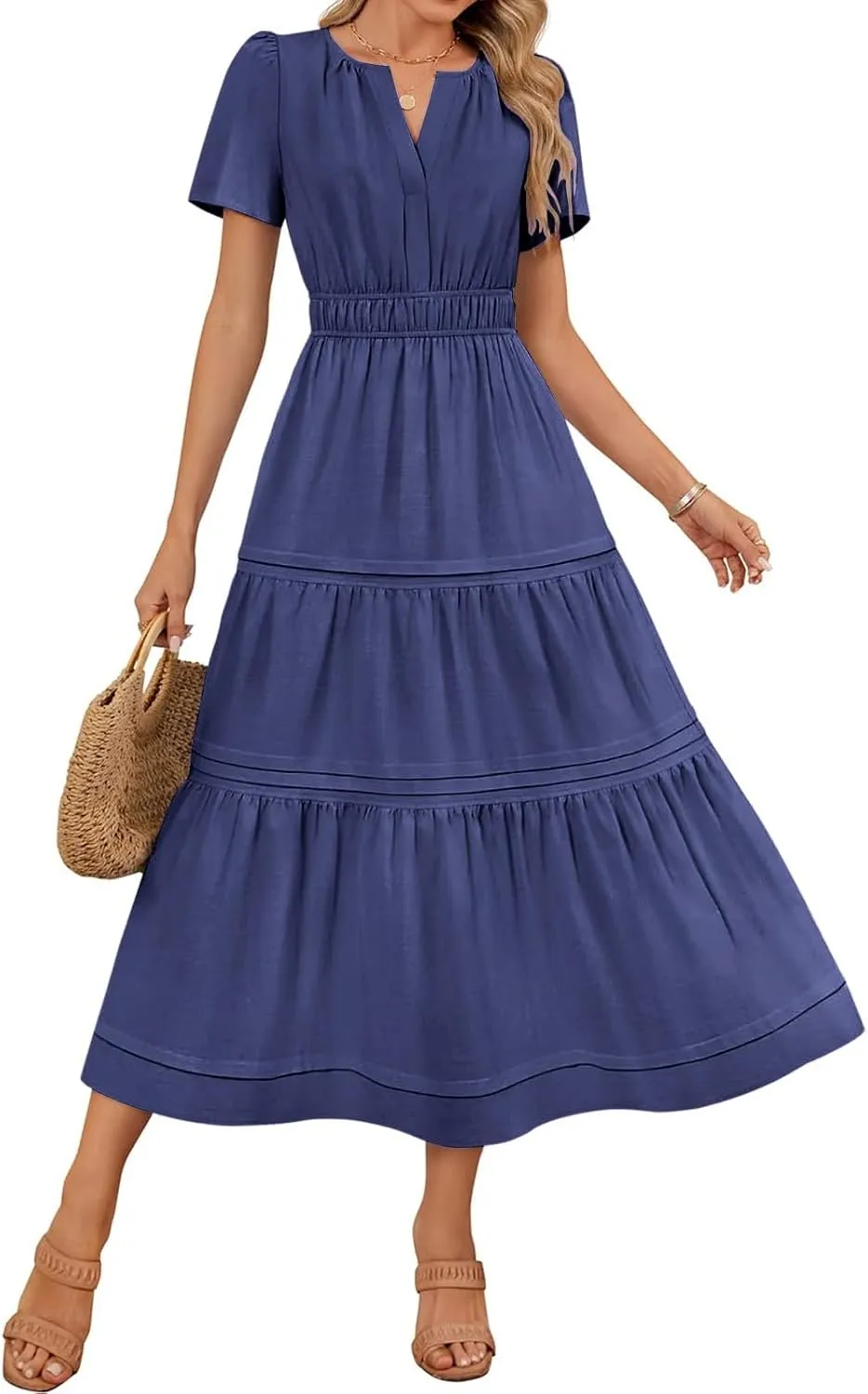 Womens Summer Vacation Dresses Casual Short Sleeve V Neck Smocked Waist Flowy Pleated Tiered A Line Swing Midi Dress