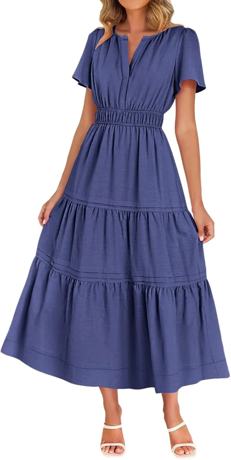 Womens Summer Vacation Dresses Casual Short Sleeve V Neck Smocked Waist Flowy Pleated Tiered A Line Swing Midi Dress
