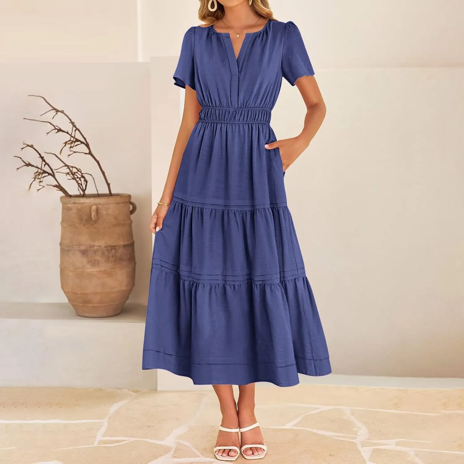 Womens Summer Vacation Dresses Casual Short Sleeve V Neck Smocked Waist Flowy Pleated Tiered A Line Swing Midi Dress