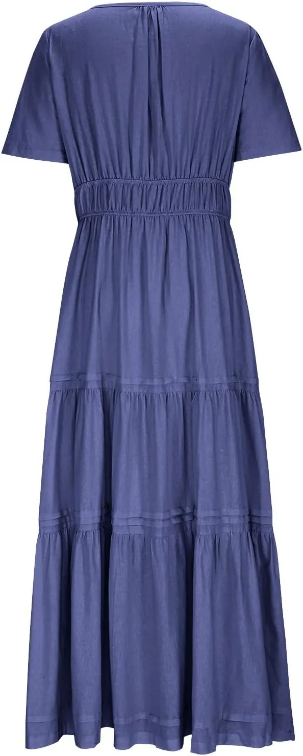 Womens Summer Vacation Dresses Casual Short Sleeve V Neck Smocked Waist Flowy Pleated Tiered A Line Swing Midi Dress