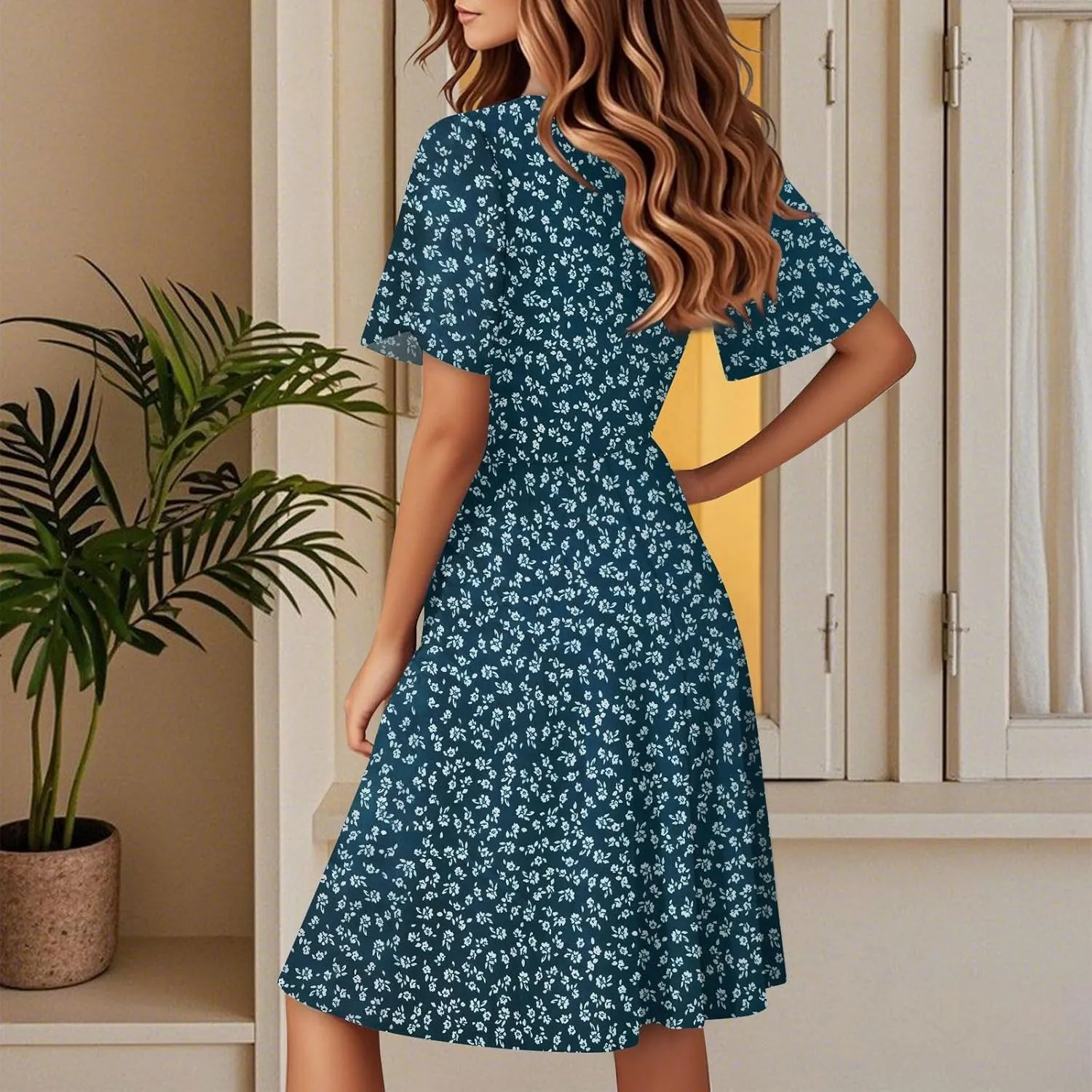 Womens Sundress 2025 Spring Summer Floral Outfits Beach Vacation Clothes Short Sleeve Wrap V Neck A-Line Knee Length Dress