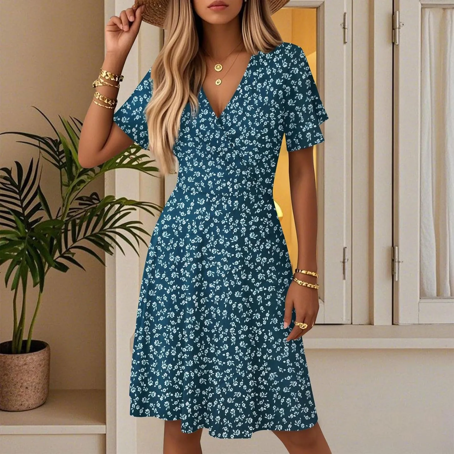 Womens Sundress 2025 Spring Summer Floral Outfits Beach Vacation Clothes Short Sleeve Wrap V Neck A-Line Knee Length Dress
